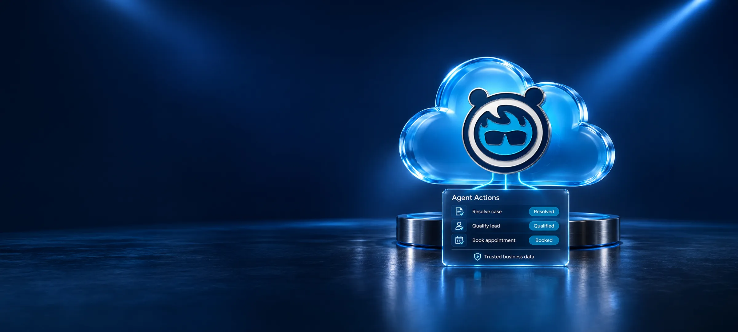 Glowing 3D cloud with the Agentforce mascot above an Agent Actions panel showing resolved cases, qualified leads, and booked appointments