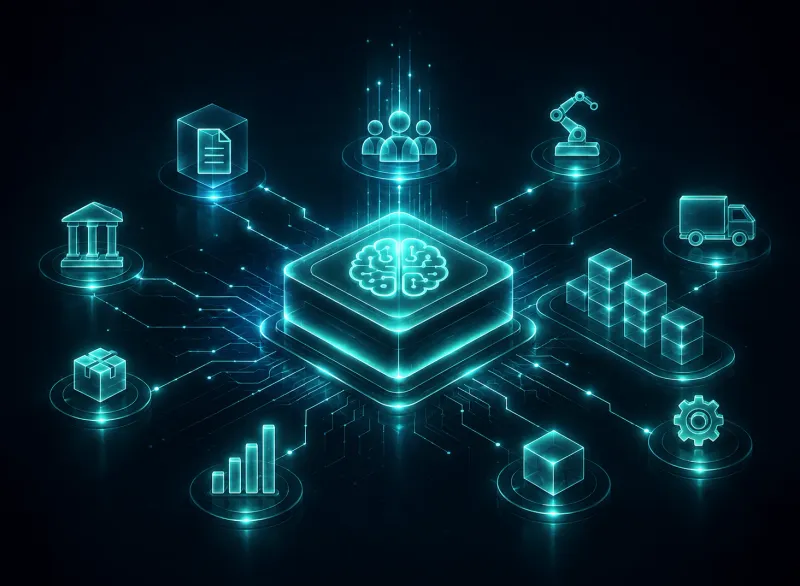 Illustration numérique d'un cerveau IA lumineux au centre d'un réseau reliant des icônes de finance, de robotique, de logistique et d'opérations
