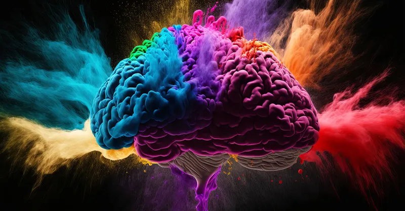 Colorful digital illustration of a human brain with vivid powder splashes of blue, purple, and orange