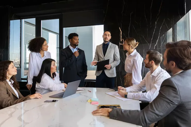 Team meeting in a modern office boardroom