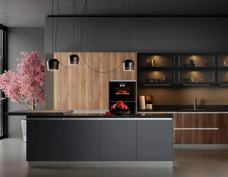 Modern kitchen with dark cabinetry and wood paneling