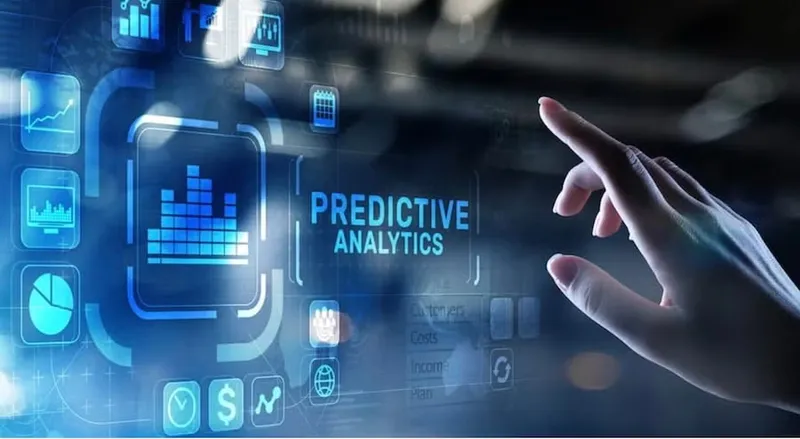 Hand interacting with a digital predictive-analytics dashboard graphic
