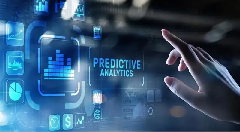 Hand interacting with a digital predictive-analytics dashboard graphic