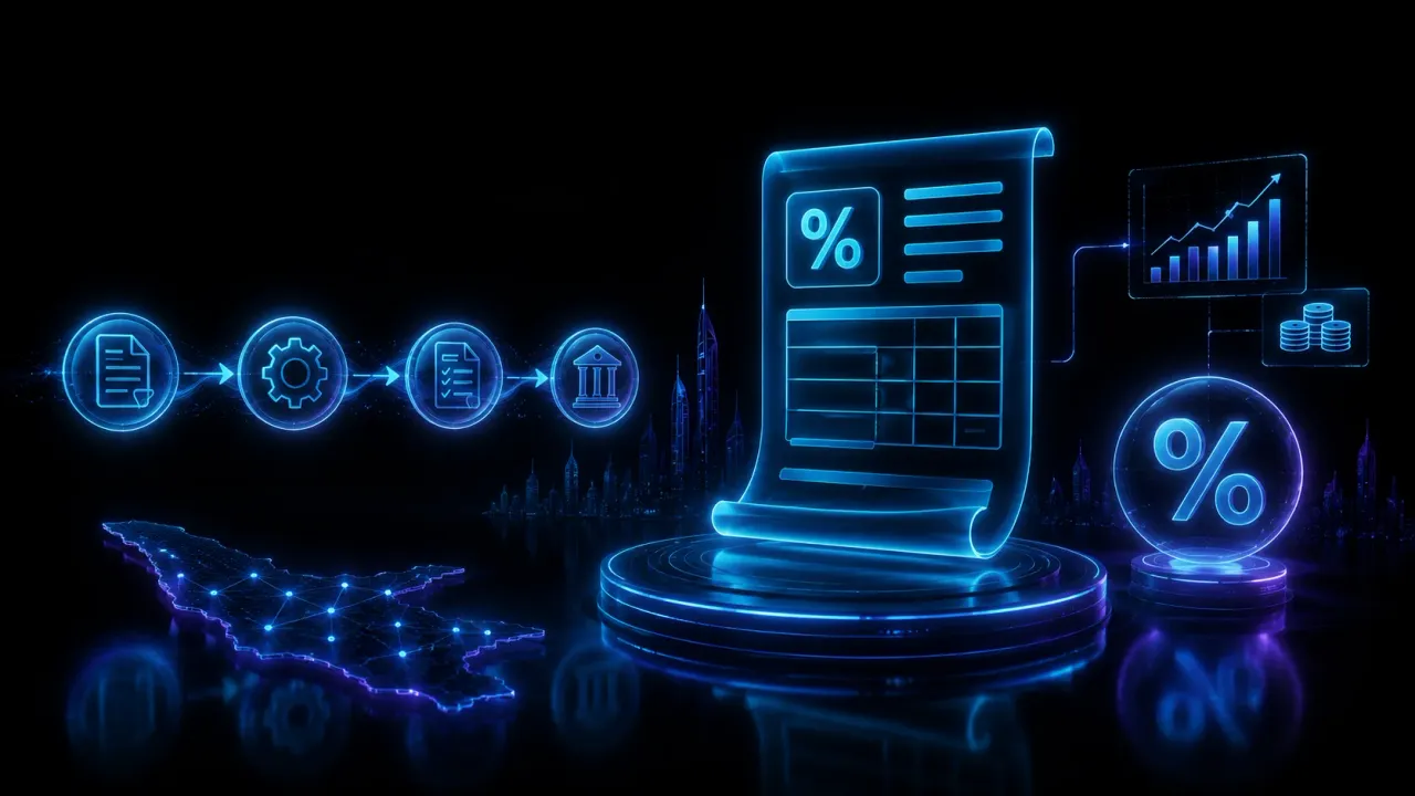 Digital illustration of a glowing VAT invoice document connected to a regional map outline, an automated approval workflow, and financial growth charts