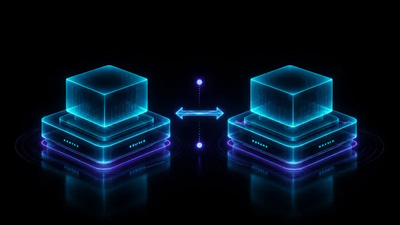 Digital illustration of two identical glowing data cube platforms connected by a bidirectional arrow, representing a side-by-side platform comparison