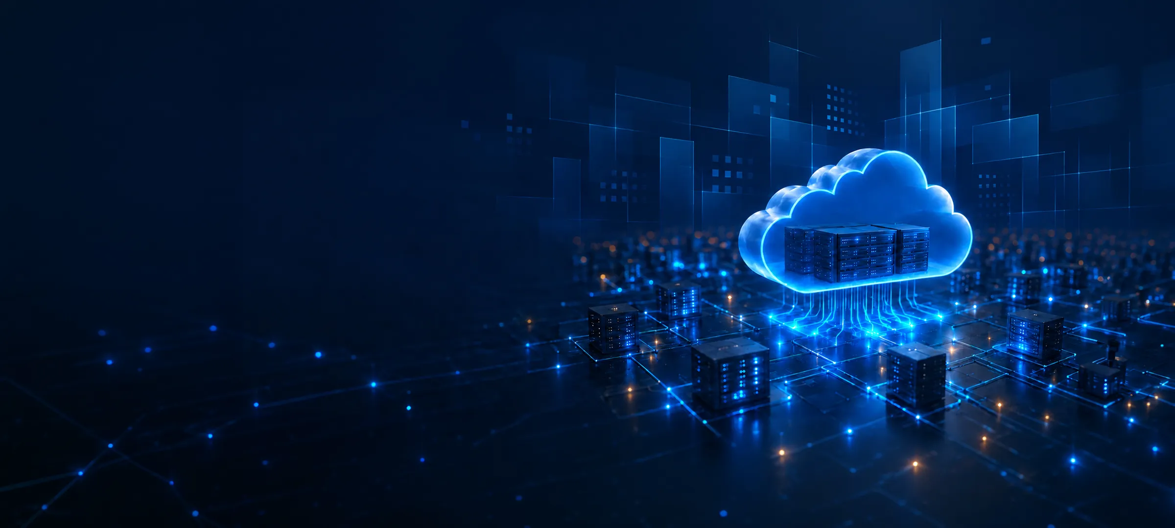 Icono de nube 3D brillante sobre una red de servidores de datos unificados en una cuadrícula urbana
