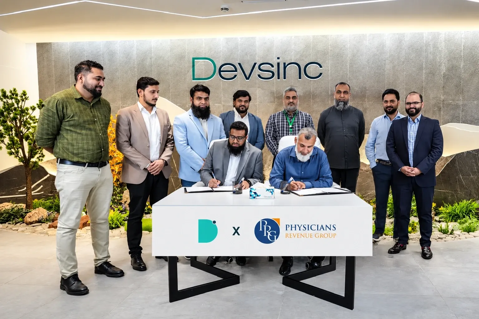 Los equipos de Devsinc y Physicians Revenue Group en la ceremonia de firma de la alianza en Devsinc