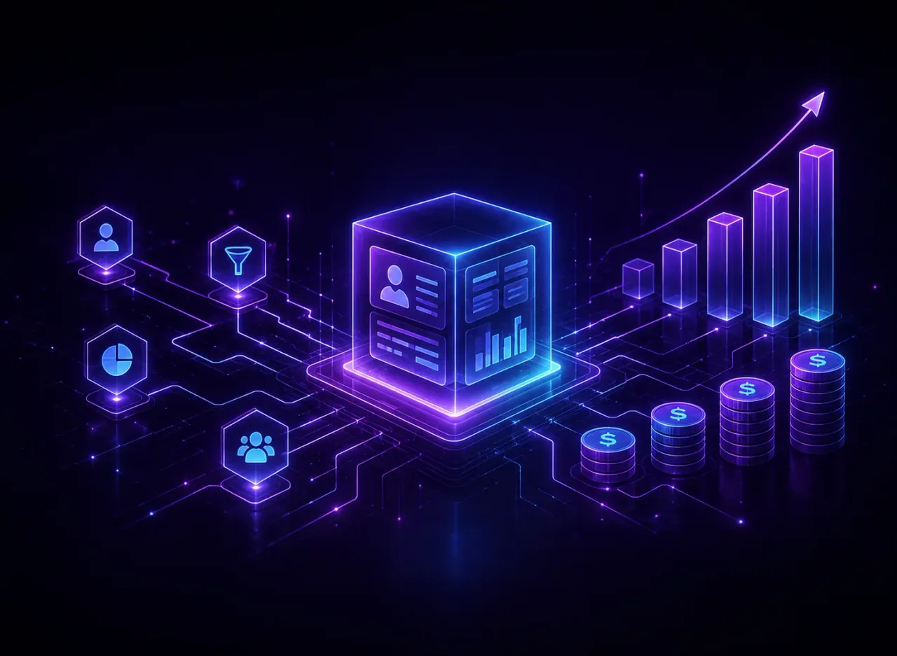 Ilustración digital de un cubo con un panel de licencias rodeado de iconos de usuario, filtro y crecimiento, con un gráfico de barras ascendente y monedas apiladas que representan la optimización de costos