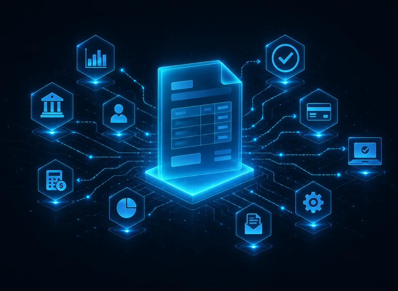 Ilustración digital de un documento de factura electrónica brillante conectado a iconos de banca, pagos, aprobación y generación de informes