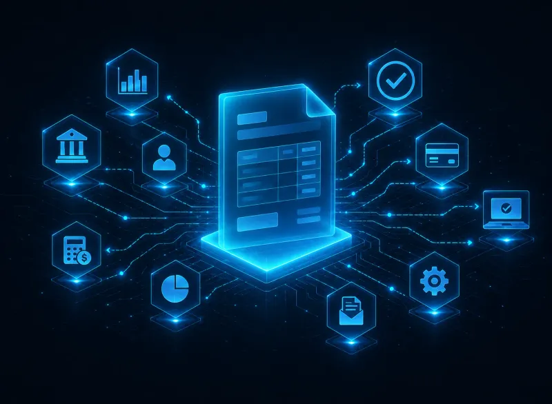 Illustration numérique d'un document de facture électronique lumineux relié à des icônes de banque, paiements, approbation et reporting