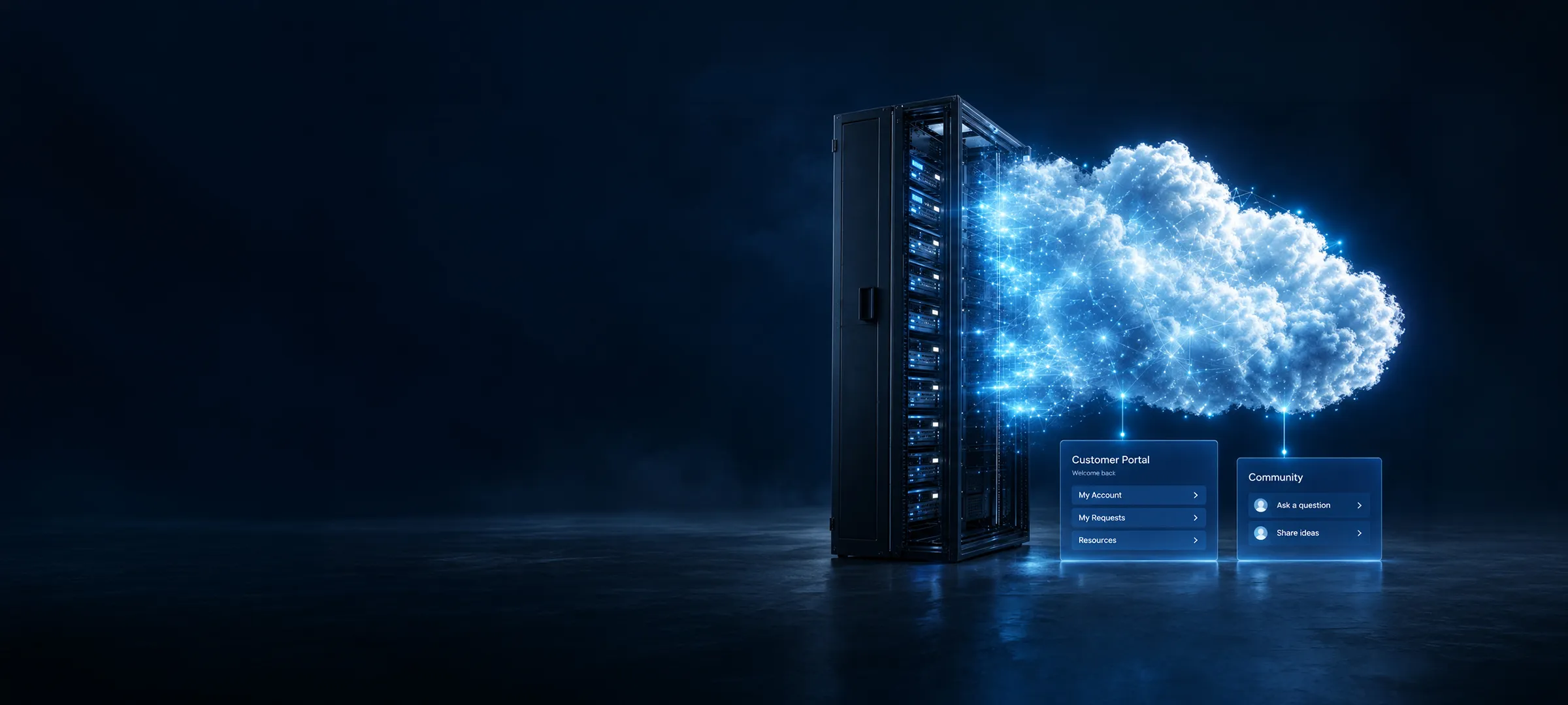 Bastidores de servidores junto a un icono de nube brillante conectado a paneles de portal de clientes y comunidad