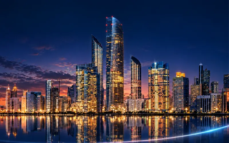 City skyline at night with glowing high-rise towers reflected in the water