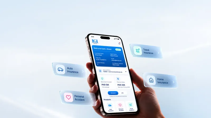 Hand holding a phone showing the IGI General app, surrounded by floating auto, travel, home and personal accident insurance cards