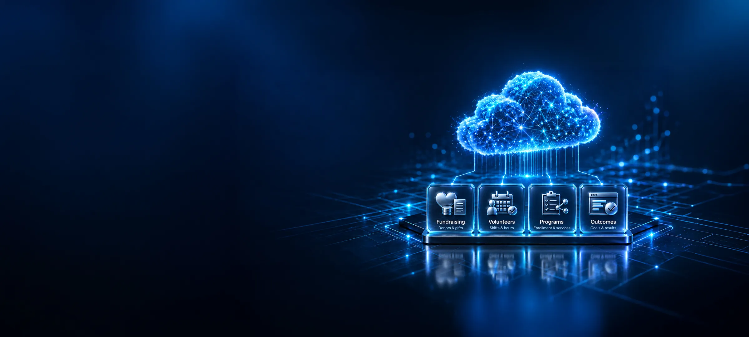 Icono de nube 3D brillante sobre paneles flotantes de recaudación de fondos, voluntarios, programas y resultados