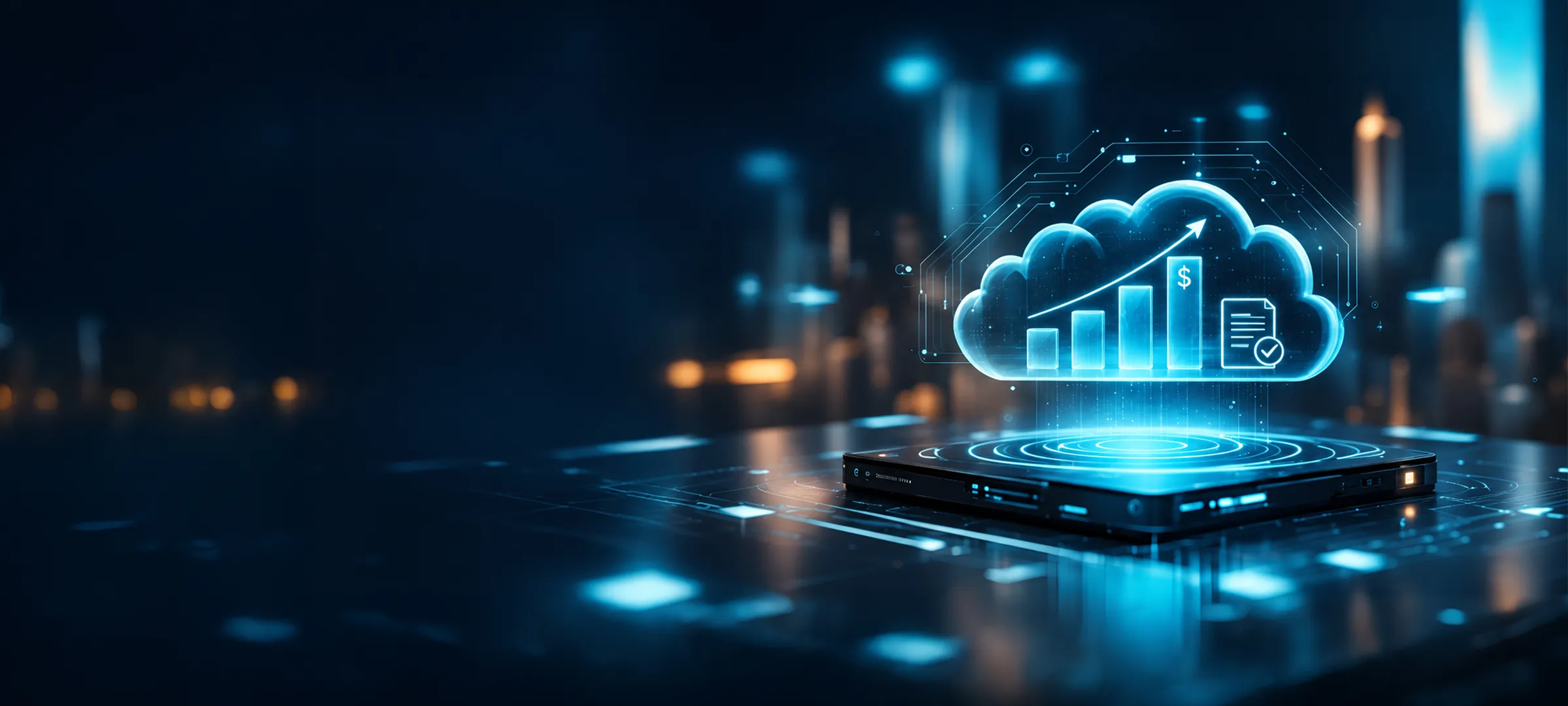 Icono de nube 3D brillante sobre un gráfico de ventas en aumento y un panel digital, con un horizonte urbano nocturno de fondo