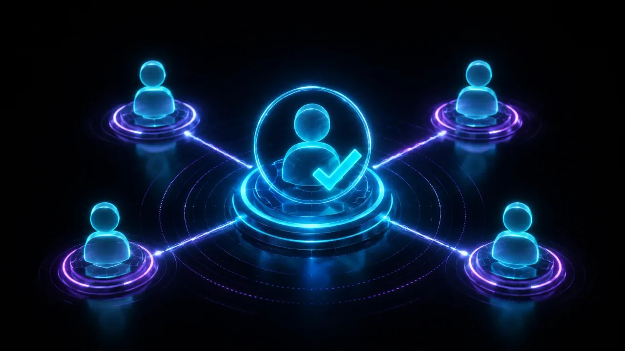 Ilustración digital de un icono central de persona verificada conectado a otras cuatro figuras, que representa la selección de un partner de consultoría de confianza
