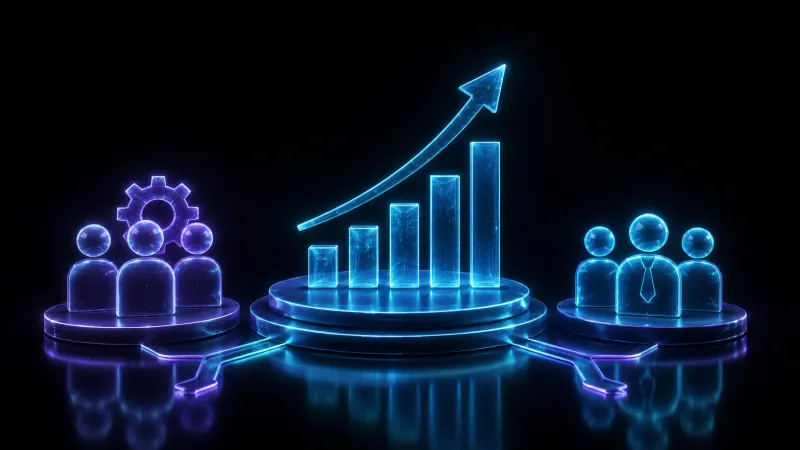 Illustration numérique de deux équipes de personnages de part et d'autre d'un graphique à barres ascendant, représentant une comparaison entre une équipe interne et un partenaire externe