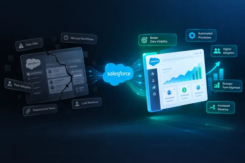 Digital illustration of a shattered CRM dashboard being repaired into a data-rich working dashboard, leading to a turbine and rising growth chart