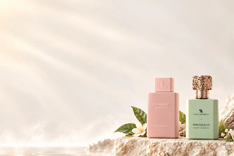 Pink and green Swiss Arabian perfume bottles displayed on a rock beside white flowers