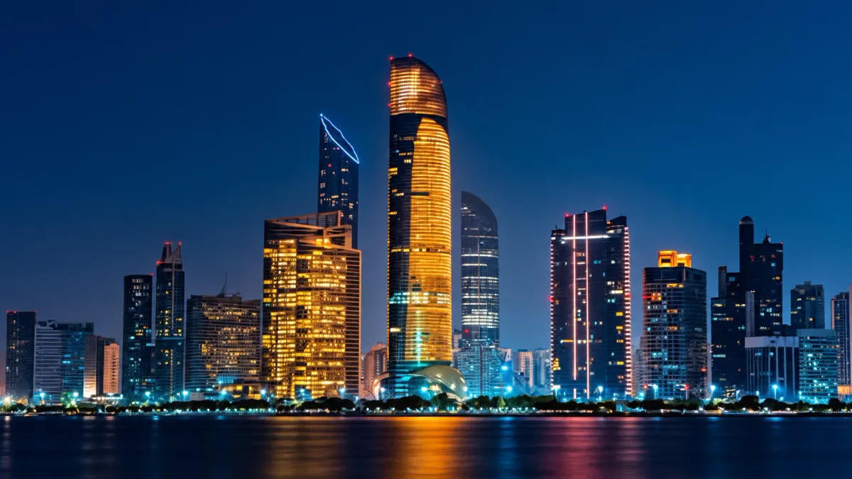 Horizonte nocturno iluminado de torres a lo largo de un frente marítimo en Oriente Medio