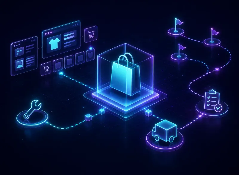 Illustration numérique d'un sac de shopping connecté à une vitrine en ligne et à un itinéraire de livraison jalonné de points de contrôle, représentant le plan de projet d'une migration vers le commerce headless