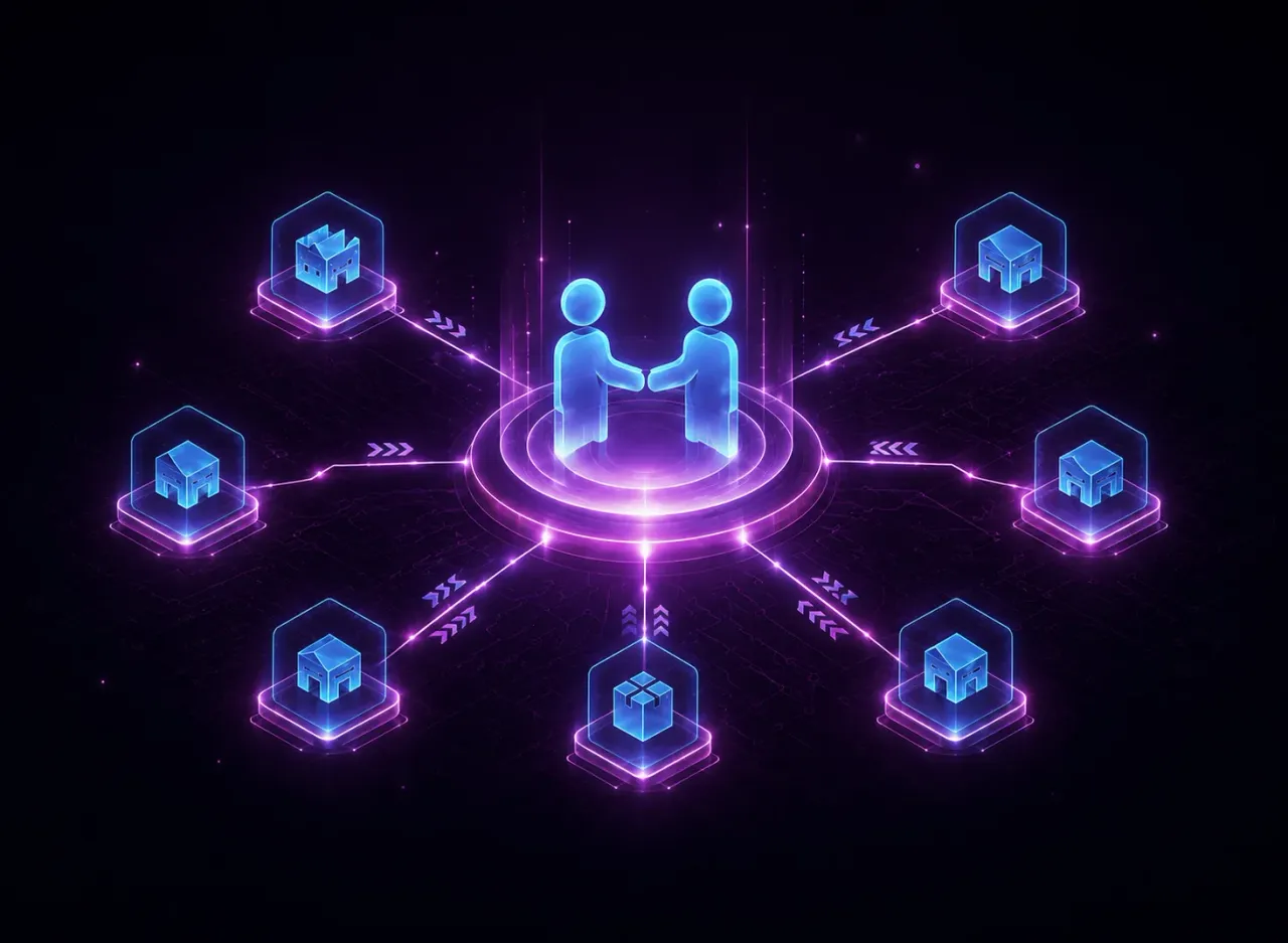 Ilustración digital de dos figuras dándose la mano en el centro de una red de nodos conectados de almacenes y envíos, que representa la colaboración entre proveedores y el cumplimiento logístico