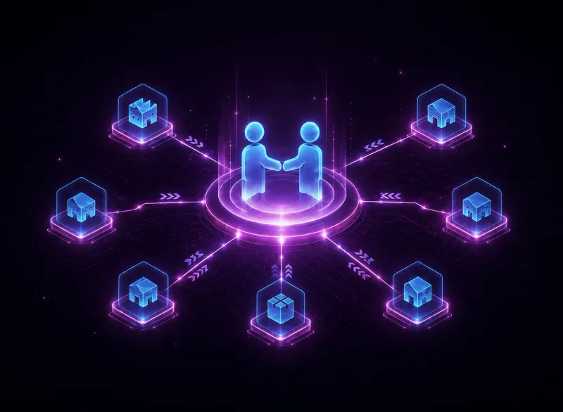 Illustration numérique de deux personnages se serrant la main au centre d'un réseau de nœuds d'entrepôts et d'expédition connectés, représentant la collaboration entre fournisseurs et exécution logistique